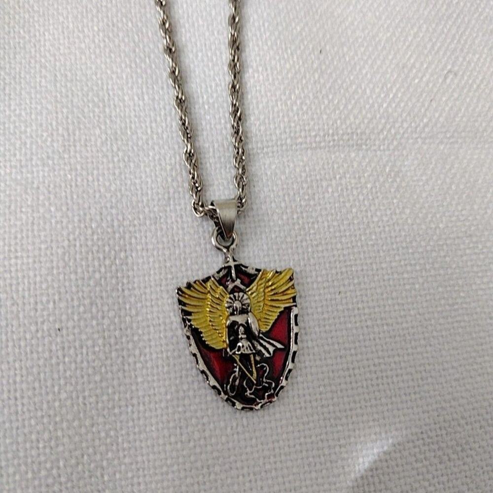 Silver Tone Angel Shield Pendant Necklace Red Enamel 14 In Religious Jewelry